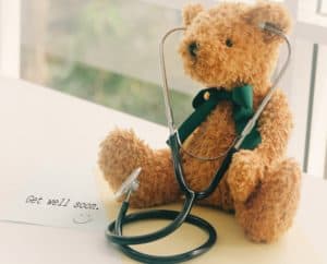 Teddy bear in hospital room, get well gift